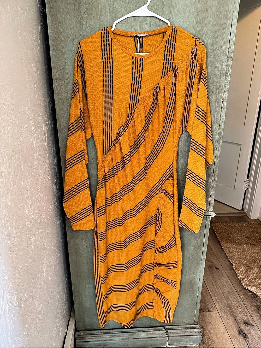 Zara Mustard Stripe Midi Dress with Ruched Seam Geometric Maxi Dress in Orange &